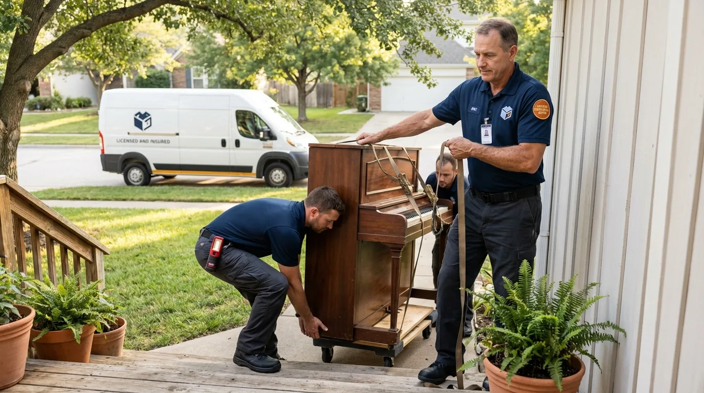 Licensed piano movers securing grand piano in Charenton, LA