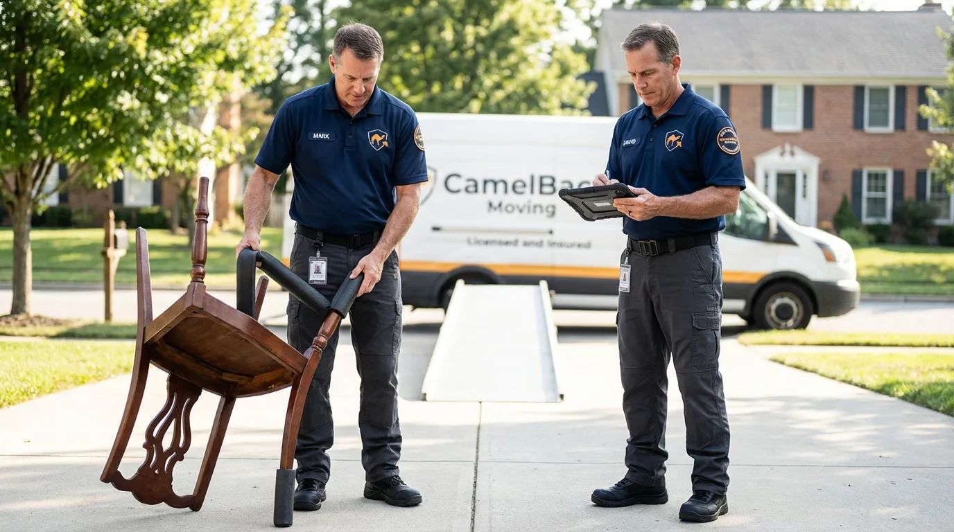 Movers inspecting furniture for damage prevention before loading in Charenton, LA