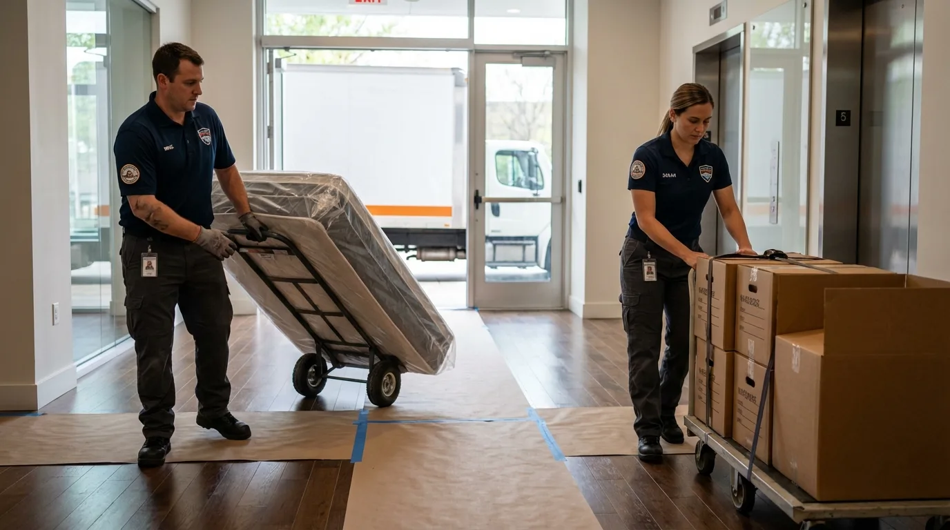 Professional apartment movers loading elevator in Charenton, LA